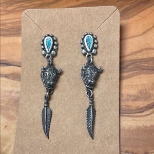 Native American Turquoise and Silver Buffalo Dangle Earrings